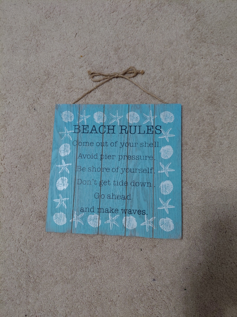 Beach Rules Wooden Wall Sign - Turquoise with White Shells